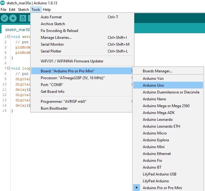 Board selection in the Arduino IDE